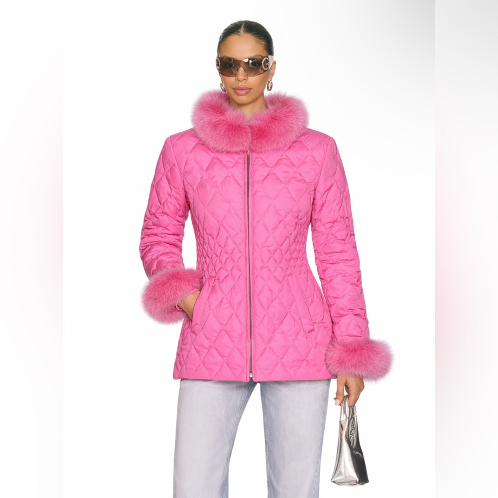 Vintage VTG Marvin Richards Pink Quilted Jacket with Fox Fur Trim